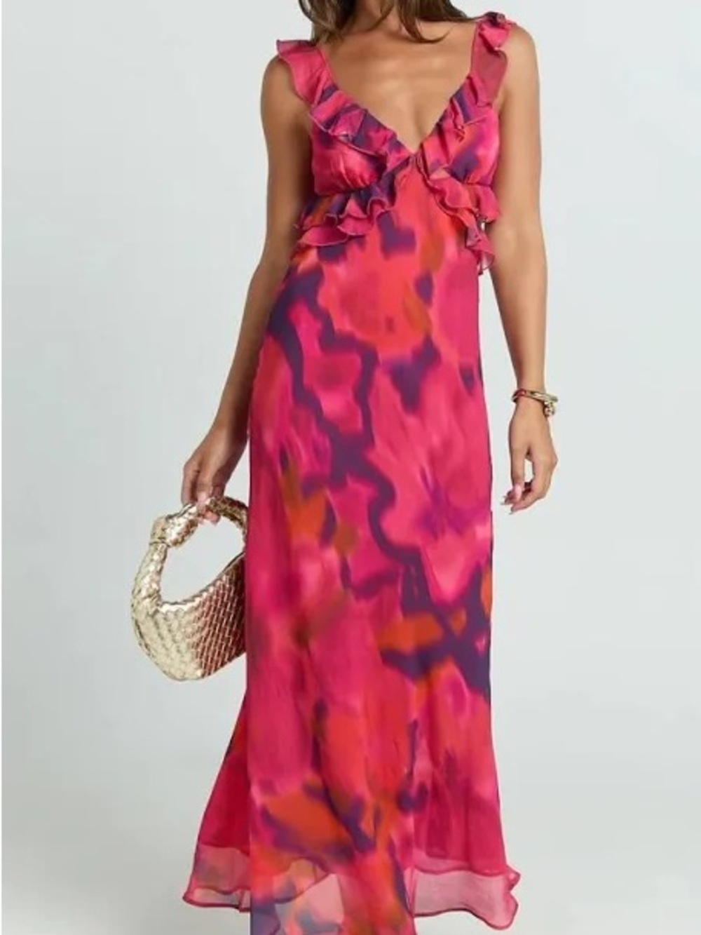 Showpo Pink & Purple Ruffle V‑Neck Maxi Dress